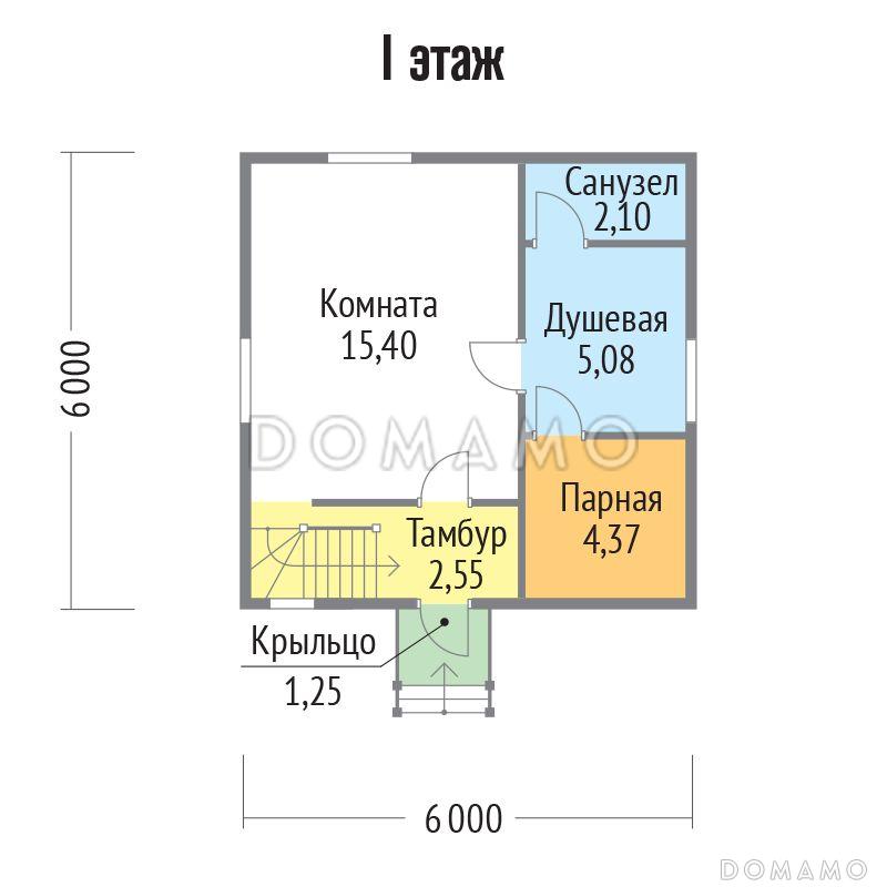 Проект каркасной бани 6х6 с мансардой / План 1 этажа