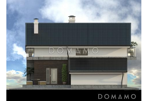 Проект современного дома с гаражом,  кладовой, террасой, балконами / Фасад 2