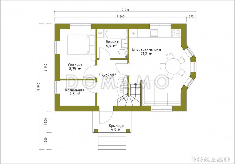 Проект небольшого дома из газобетона в русском стиле / План 1 этажа