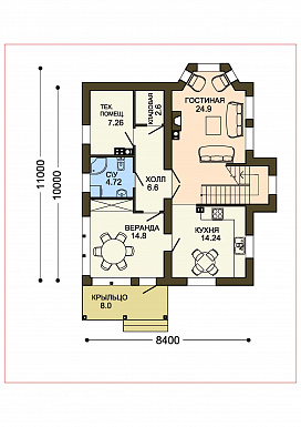 Проект теплого дачного дома с остекленной верандой и декоративными балками под коньком крыши / План 1 этажа Проект теплого дачного дома с остекленной верандой и декоративными балками под коньком крыши / План 1 этажа