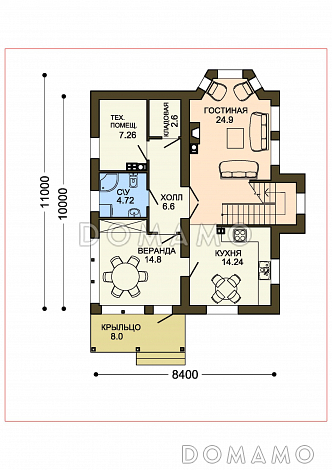 Проект теплого дачного дома с остекленной верандой и декоративными балками под коньком крыши / План 1 этажа Проект теплого дачного дома с остекленной верандой и декоративными балками под коньком крыши / План 1 этажа