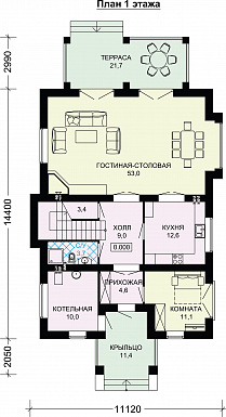 Проект двухэтажного дома с небольшой изолированной кухней / План 1 этажа Проект двухэтажного дома с небольшой изолированной кухней / План 1 этажа