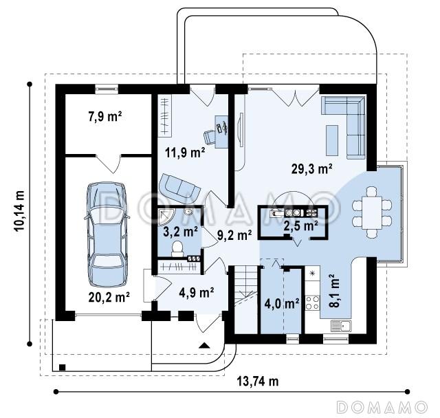 Проект одноэтажного мансардного дома из кирпича со стеклянным эркером в кухонной зоне и гаражом / План 1 этажа