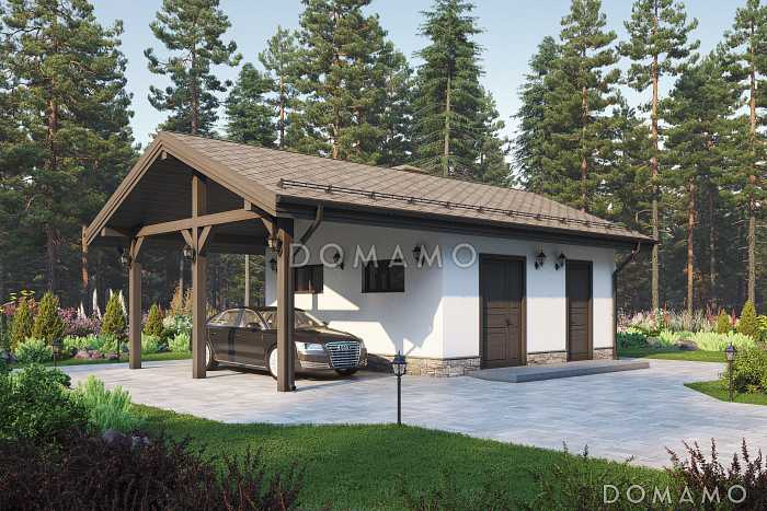 Проект навеса на один автомобиль с техническим и хозяйственным помещениями