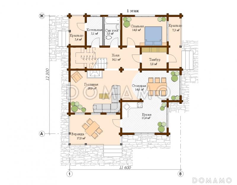 Проект деревянного дома с тремя спальнями на втором этаже и кабинетом с выходом на балкон / План 1 этажа