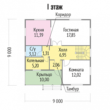Проект двухэтажного дома из клееного бруса с внутренней одномаршевой лестницей с ограждением / План 1 этажа