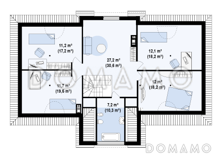 Проект просторного одноэтажного мансардного дома из кирпича с барбекю на крытой угловой террасе / План мансардного этажа