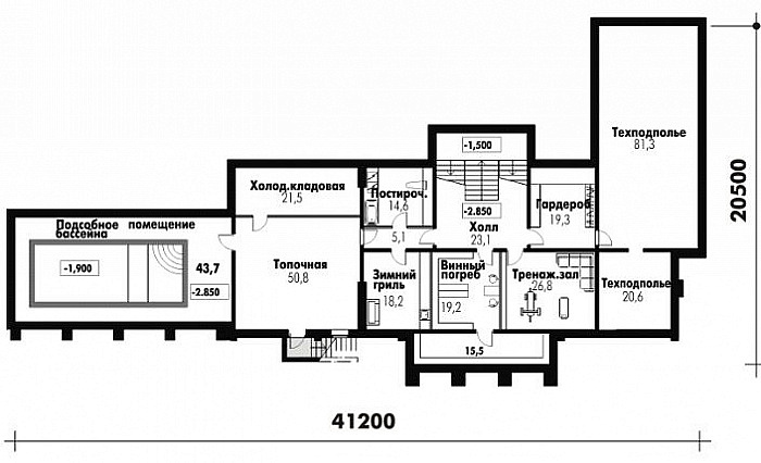 Проект классического дома с винным погребом, бассейном, тренажерным залом, бильярдной, сауной, турецкой и русской парной / План цокольного этажа