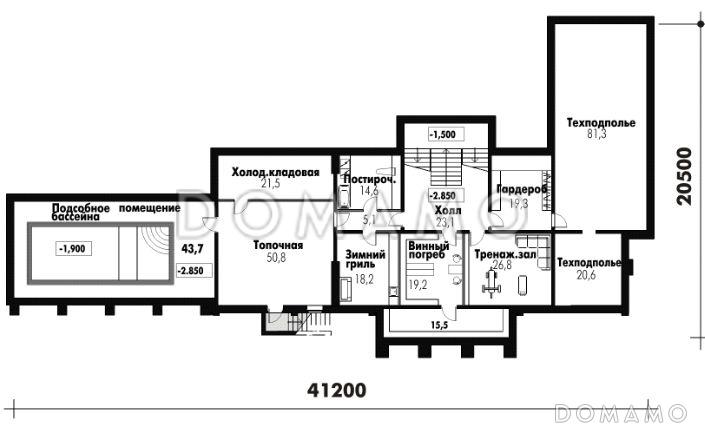 Проект классического дома с винным погребом, бассейном, тренажерным залом, бильярдной, сауной, турецкой и русской парной / План цокольного этажа