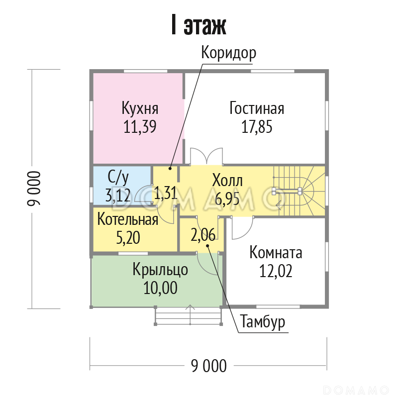 Проект двухэтажного дома из клееного бруса с внутренней одномаршевой лестницей с ограждением / План 1 этажа