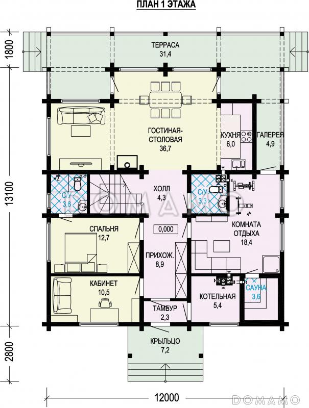 Проект дома из бруса с 4 спальнями, кабинетом и сауной / План 1 этажа