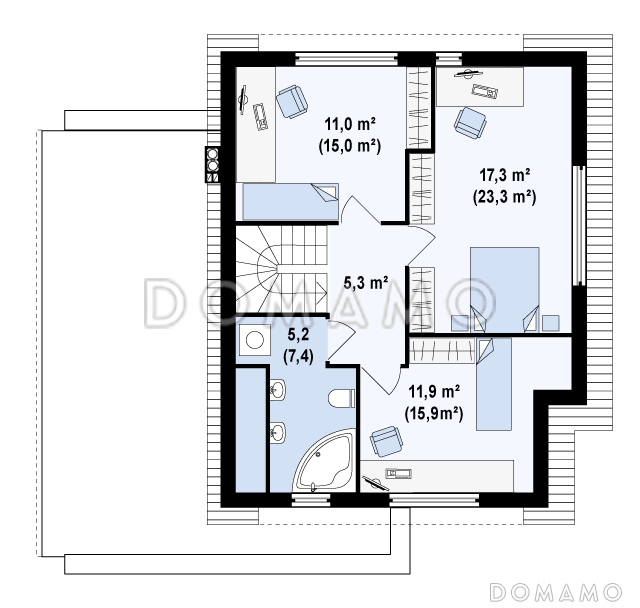 Проект современного одноэтажного мансардного дома из кирпича с тремя комнатами, угловой террасой и гаражом / План мансардного этажа