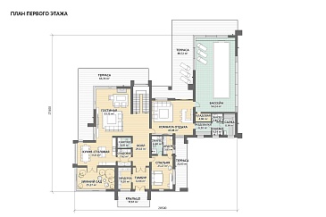 Проект большого кирпичного коттеджа с террасой барбекю, бассейном и винным погребом / План 1 этажа