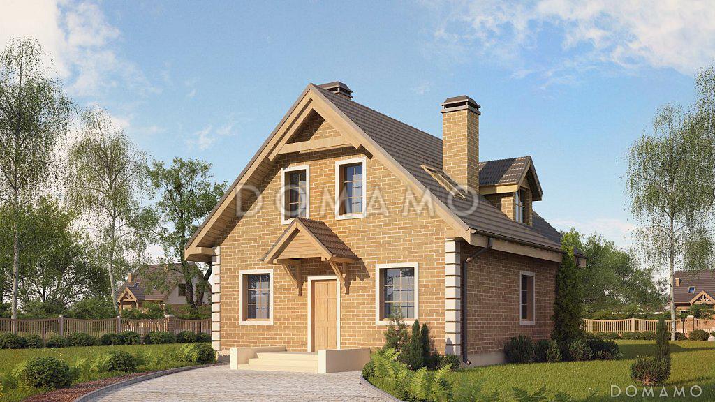 Проект загородного дома с камином в гостиной, изолированной кухней, открытой террасой / 1