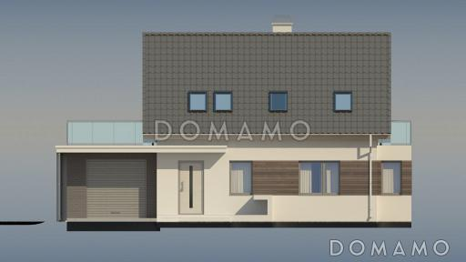 Проект одноэтажного мансардного дома из кирпича с гаражом и террасой над ним и с эркером в кухонной зоне / Фасад 2