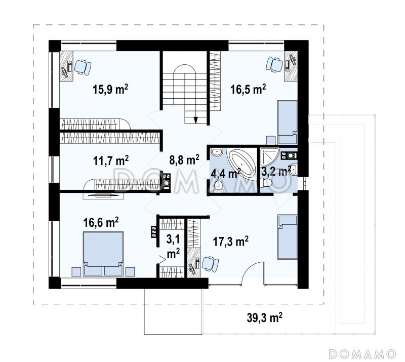 Проект современного просторного двухэтажного дома из кирпича с гаражом и террасой над ним / План 2 этажа