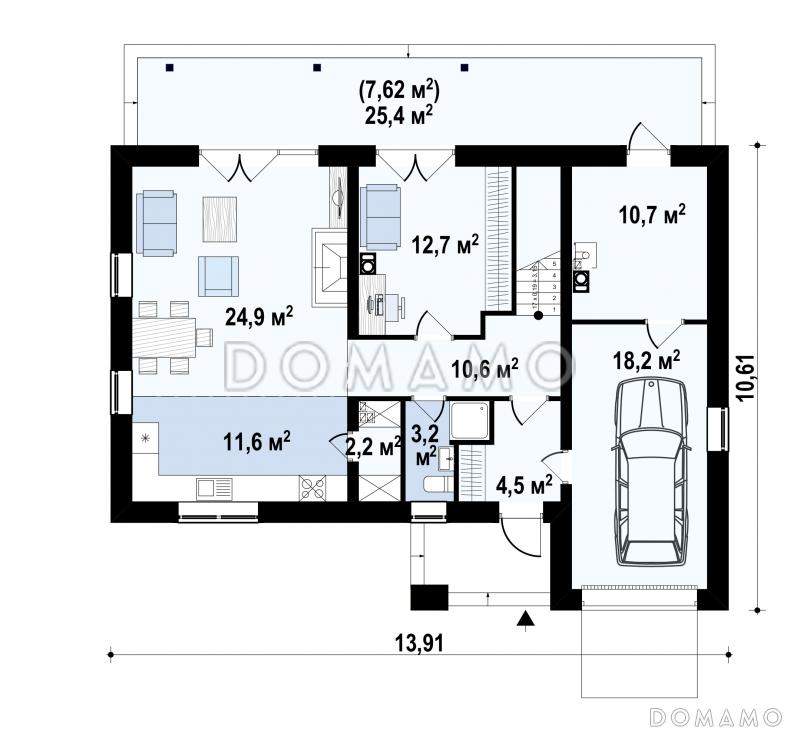 Проект уютного дома с мансардными окнами, балконом, террасой, гаражом на одну машину / План 1 этажа