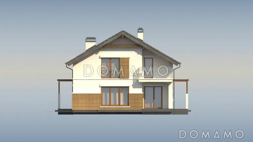 Проект одноэтажного дома с высоким мансардным этажом из кирпича с кабинетом и угловым балконом / Фасад 1