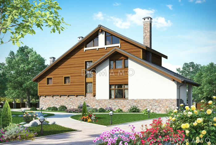 Проект дома с панорамными окнами, просторной гостиной и кухней-столовой, сауной, кабинетом на мансардном этаже, балконом и лоджией