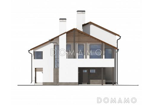 Проект дома с автостоянкой, барбекю на террасе, вторым светом, сауной, лоджией и небольшим балконом / Фасад 4