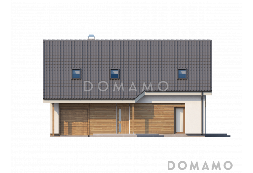 Проект одноэтажного мансардного дома из газобетона с четырьмя спальнями и встроенным гаражом / Фасад 3