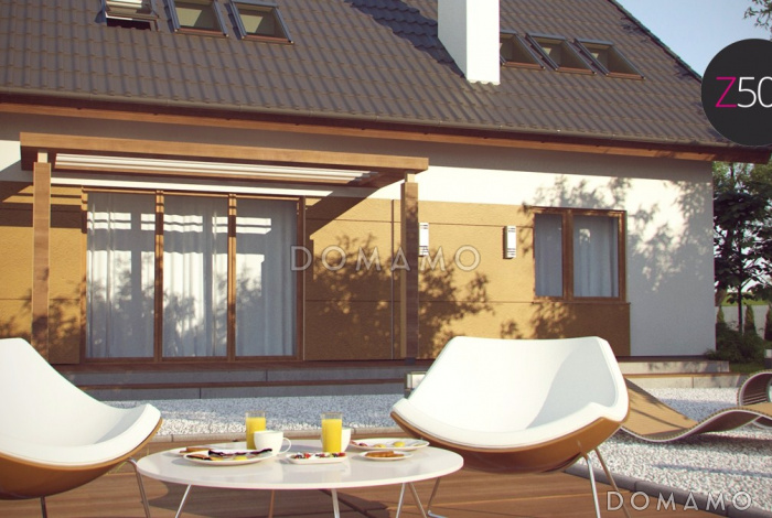 Проект одноэтажного мансардного дома из кирпича с большим техническим помещением и тремя спальнями