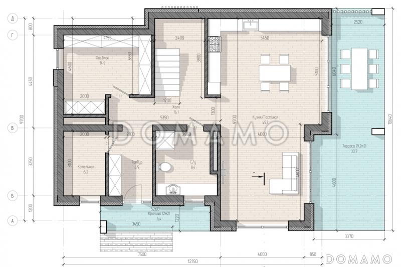 Проект дома с панорамным остеклением на обоих этажах, с 4 спальнями и крытой террасой / План 1 этажа