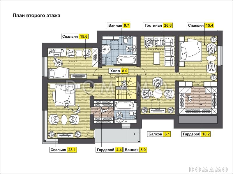 Частный дом с крытой террасой, гаражом на 1 машину, спальней на первом этаже, гостиной на первом и мансардном этаже / План мансардного этажа
