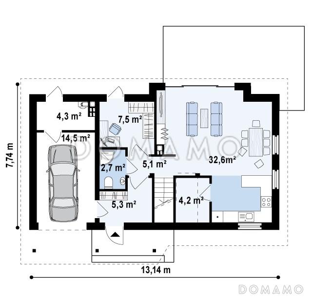 Проект одноэтажного мансардного дома из газобетона с гаражом и большим фронтонным окном / План 1 этажа