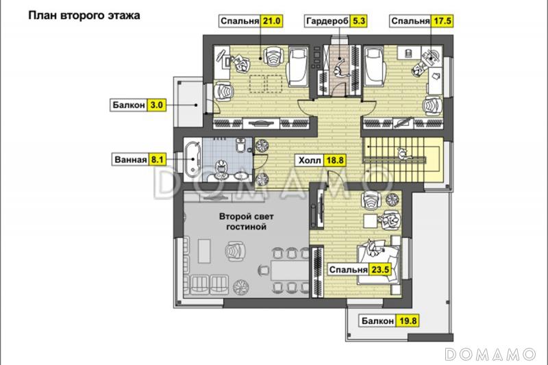 Проект дома из СИП панелей со спальней на первом этаже, ванной с окном, вторым светом в гостиной, двумя балконами / План мансардного этажа