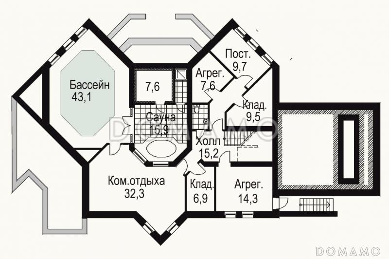 Проект большого дома с оригинальной формой / План цокольного этажа