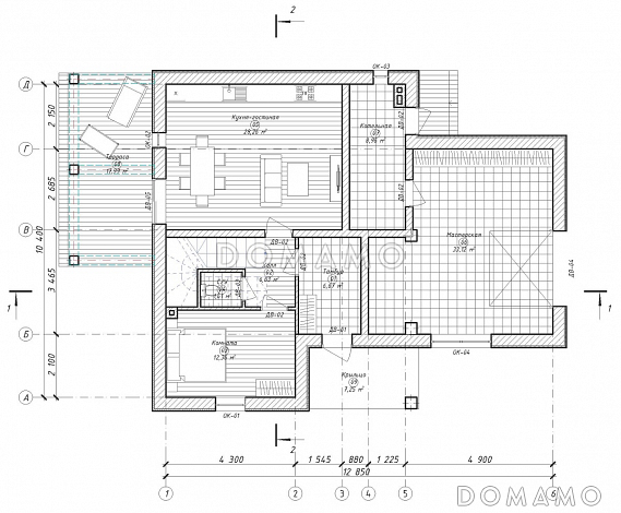 Проект загородного дома с плоской кровлей в стиле хай-тек S-228 / План 1 этажа Проект загородного дома с плоской кровлей в стиле хай-тек S-228 / План 1 этажа