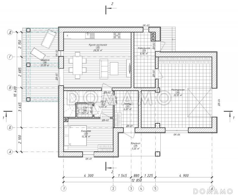 Проект загородного дома с плоской кровлей в стиле хай-тек S-228 / План 1 этажа Проект загородного дома с плоской кровлей в стиле хай-тек S-228 / План 1 этажа