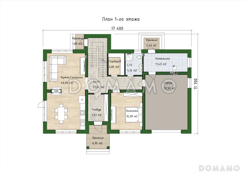 Проект двухэтажного дома из газобетона с 5 спальнями, сауной и гаражом на 1 машину / План 1 этажа