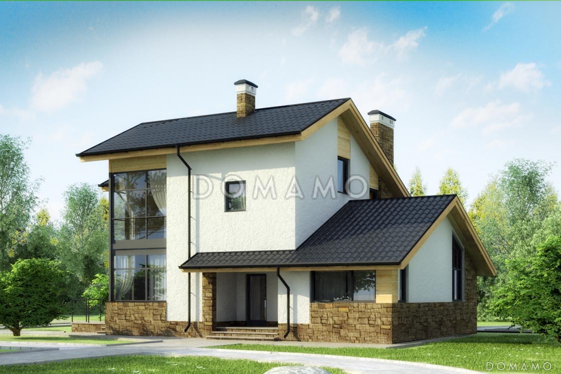 Проект дома с кухней-столовой с выходом на террасу, двумя спальнями на первом этаже, длинным балконом / 1