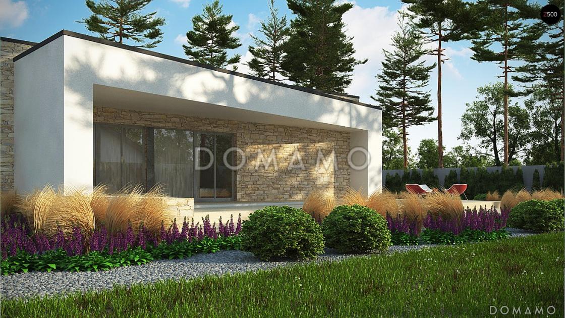 Проект просторного современного одноэтажного дома из газобетона с плоской крышей с тремя спальнями, крытыми террасами и одноместным гаражом / 5