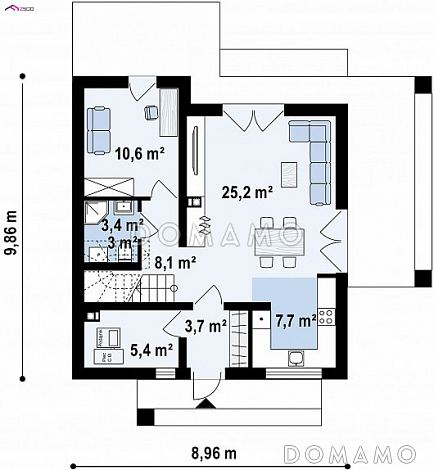 Проект компактного одноэтажного мансардного дома из газобетона с кабинетом и двумя спальнями / План 1 этажа Проект компактного одноэтажного мансардного дома из газобетона с кабинетом и двумя спальнями / План 1 этажа