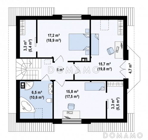 Проект одноэтажного мансардного дома из кирпича с кабинетом, эркером и балконом над ним / План мансардного этажа