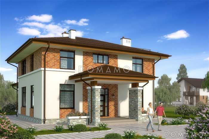 Проект двухэтажного коттеджа с панорамным остеклением на террасу и со вставками красного кирпича Проект двухэтажного коттеджа с панорамным остеклением на террасу и со вставками красного кирпича