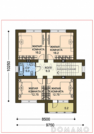 Проект коттеджа с пятью спальнями, коричневой крышей и белыми оштукатуренными стенами / План 2 этажа Проект коттеджа с пятью спальнями, коричневой крышей и белыми оштукатуренными стенами / План 2 этажа
