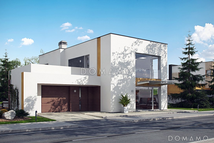 Проект двухэтажного дома из кирпича с тремя спальнями, гаражом и коммерческим помещением с отдельным входом