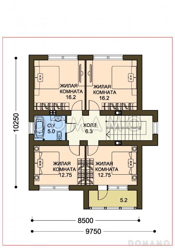 Проект коттеджа с пятью спальнями, коричневой крышей и белыми оштукатуренными стенами / План 2 этажа