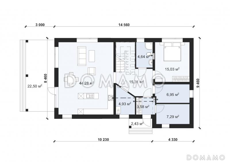 Проект современного двухэтажного коттеджа с 4 спальнями S-166 / План 1 этажа