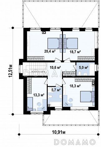 Проект загородного дома в классическом стиле с просторной гостиной, террасой, кладовой на кухне, двумя санузлами на втором этаже / План 2 этажа