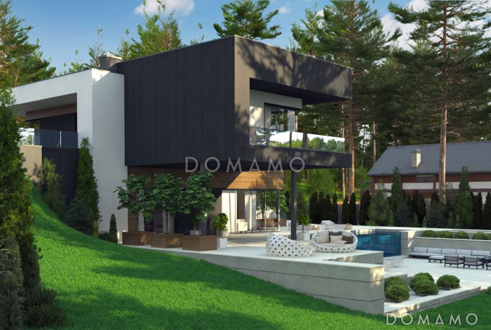 Проект современного двухэтажного дома из кирпича с плоской крышей необычного дизайна, подходит для участка со склоном