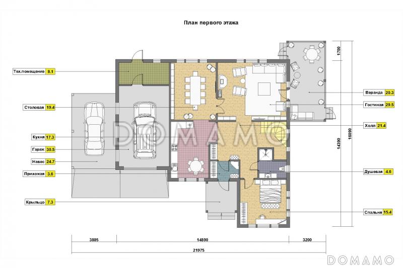 Проект кирпичного дома с панорамным остеклением на веранде, гаражом и навесом для авто / План 1 этажа