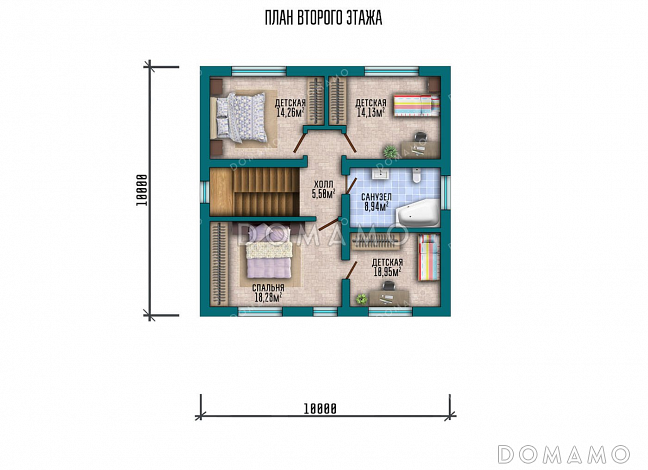 Проект двухэтажного дома с тремя спальнями и большой гостиной / План 2 этажа Проект двухэтажного дома с тремя спальнями и большой гостиной / План 2 этажа