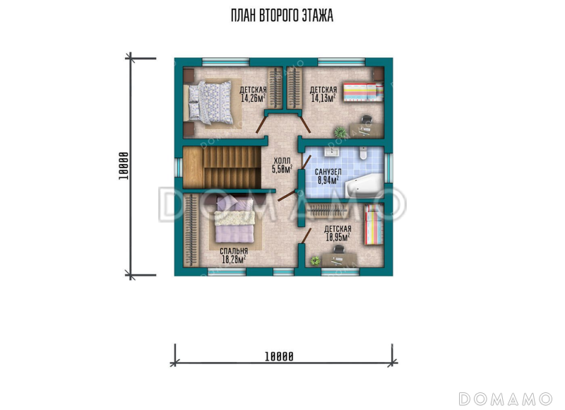 Проект двухэтажного дома с тремя спальнями и большой гостиной / План 2 этажа Проект двухэтажного дома с тремя спальнями и большой гостиной / План 2 этажа