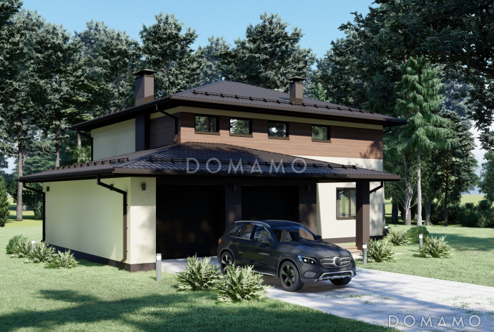 Проект современного дома с гаражом на две машины S-227