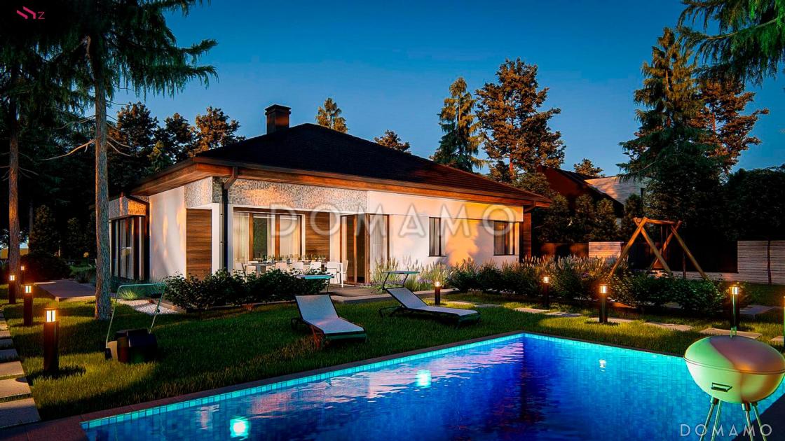 Проект одноэтажного дома из газобетона со стеклянным эркером в просторной гостиной и гаражом на два автомобиля / 10